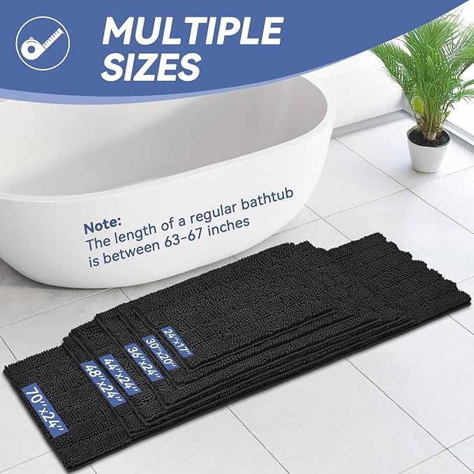 Bcoimo 70"×24" Chenille Bath Mat – Non-Slip with Backing Bath Rug Ultra-Absorbent and Machine Washable Bathroom Mat Quick-Dry Design. Ideal for Bathroom and Tub Areas