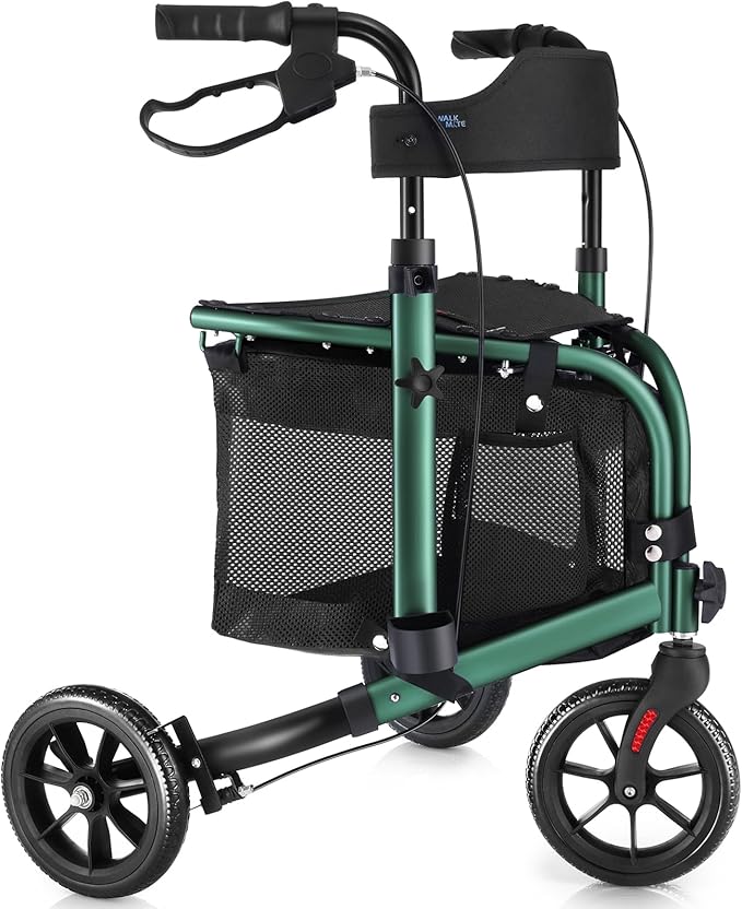 WALK MATE 3 Wheel Rollator Walker with Seat for Slim Seniors, Padded Backrest Lightweight Foldable Walker Ideal for Elderly, 8 Inch Tri-Wheel Modern Mobility Walking Aid Aluminum, Green