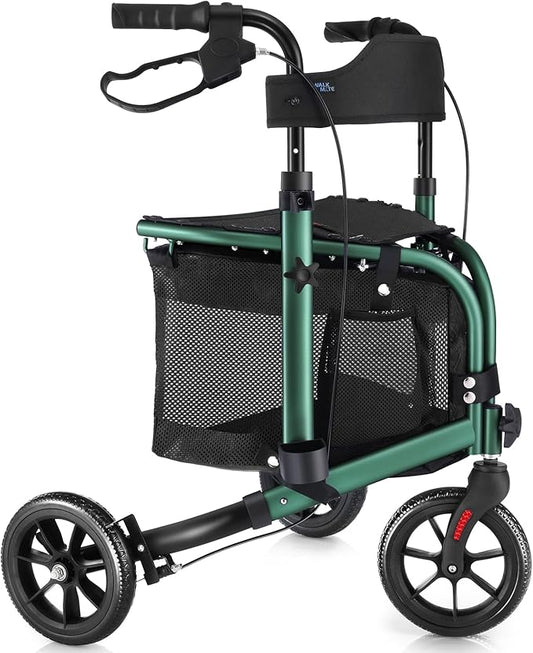 WALK MATE 3 Wheel Rollator Walker with Seat for Slim Seniors, Padded Backrest Lightweight Foldable Walker Ideal for Elderly, 8 Inch Tri-Wheel Modern Mobility Walking Aid Aluminum, Green