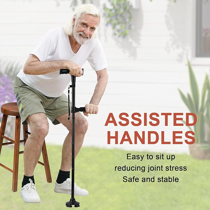 Walking Cane with LED Light & Alarm, Adjustable Smart Walking Cane with Side Handle Quad Base, Foldable Free Standing Walking Stick, Mobility Aid Provides Balance for Arthritis Disabled & Elderly