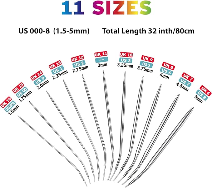 Circular Knitting Needles Set, Stainless Steel Round Knitting Needles 32 Inch, 11 Pack Sizes 1.5-5mm Beginners Metal Knitting Needles with Magic Loop for Sweaters, Socks, Blanket and Scarves