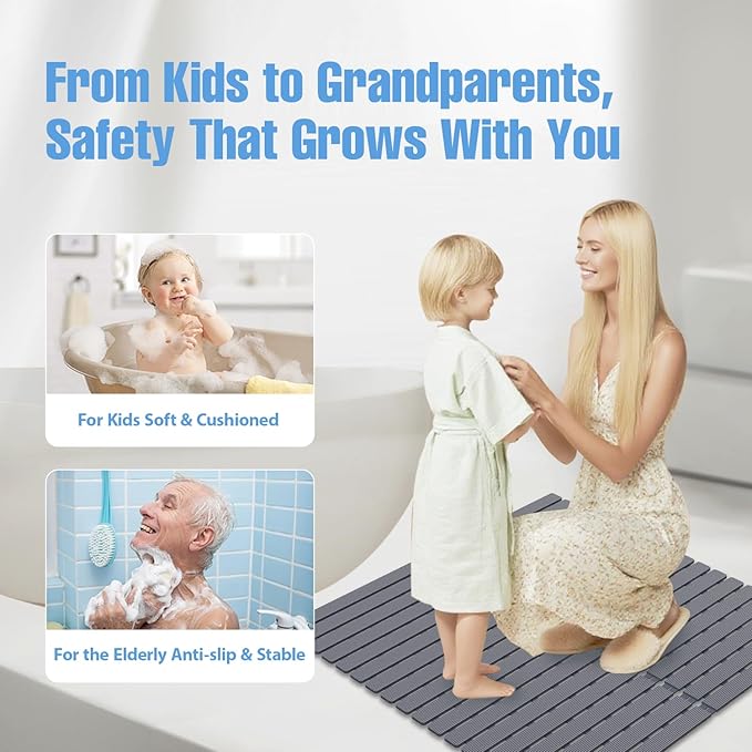 Shower Mat Non-Slip Bath Mat for Tub and Shower Stall,200+ Suction Cups with Drain Holes, Quick Dry Machine Washable, Extra Grip for Elderly and Baby, Bathroom Essentials 24x24 Inch (Light Grey)