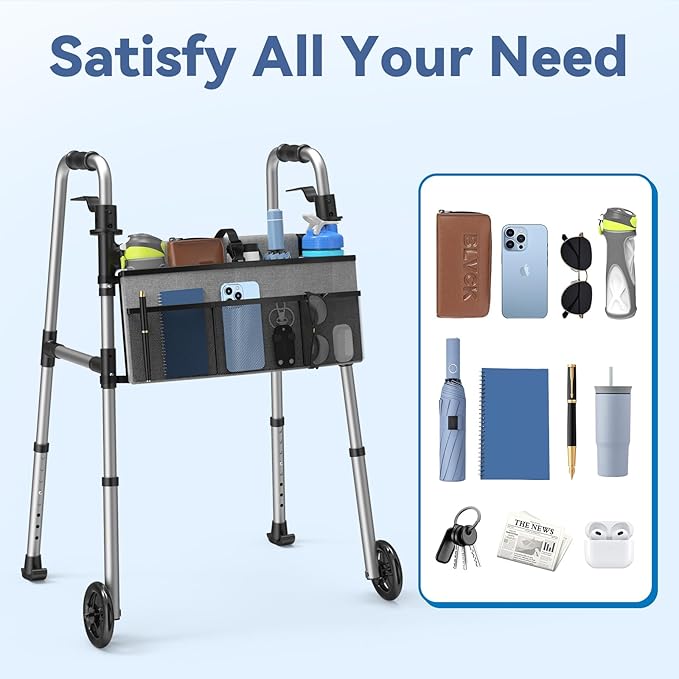 Folding Walker with Basket and Glide Skis, 5" Wheels Lightweight Walkers for Seniors and Adults, Supports Up to 350 Pounds, Adjustable Height, Compact Standard Walker