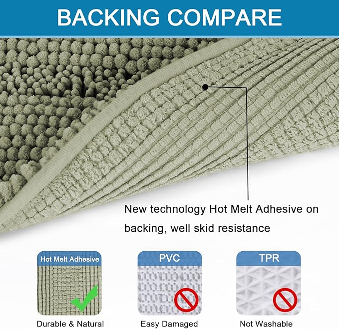 H.VERSAILTEX Bath Mats for Bathroom Non Slip Thick Chenille Striped Bath Rug Absorbent Fluffy Soft Shaggy Rugs Washable Dry Fast Plush Mats for Indoor, Bath Room, Tub - 20" x 32", Eucalyptus Green