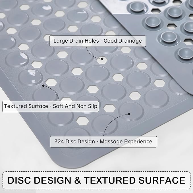 Linoows Non-Slip Bathtub and Shower Mats, Power Grip Bath Mat 35 x 16.3 Inch with Suction Cups and Drain Holes for Tub Bathroom Floor Safety, Machine Washable Soft Bathmat, Gray