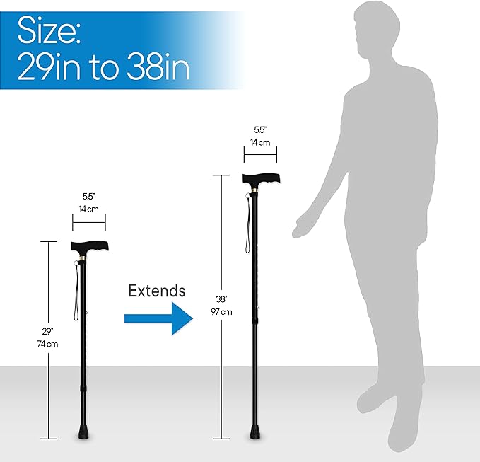 RMS Walking Cane - Adjustable Walking Stick - Lightweight Aluminum Offset Cane with Ergonomic Handle and Wrist Strap - Ideal Daily Living Aid for Limited Mobility