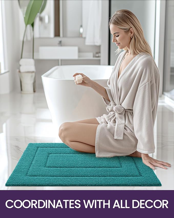 DEXI Bathroom Rug 32x20, Non Slip Washable Bath Mat for Shower Floor, Absorbent Soft Bathmat with Rubber Backing, Quick Dry Microfiber Carpet, Teal