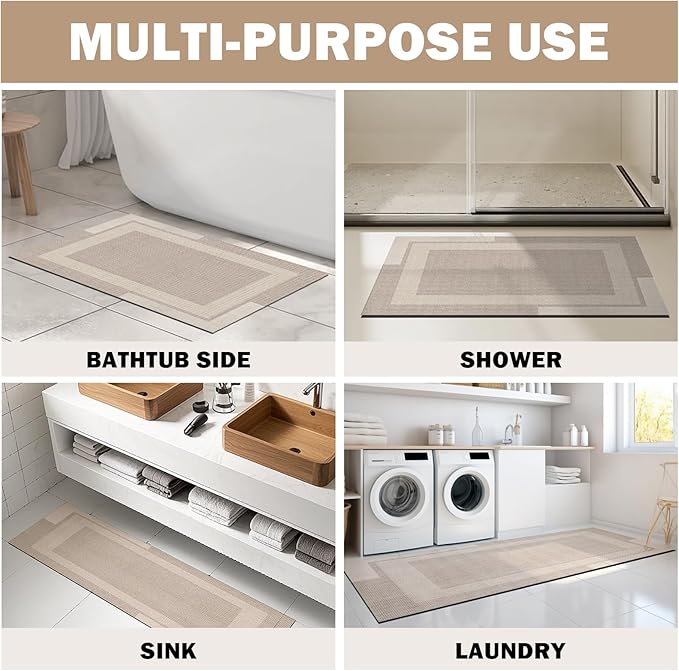 Non Slip Bath Mat, Rubber Backing Ultra Thin Bathroom Rugs Fit Under Door Quick Dry Super Absorbent Washable Bath Rug Shower Mat for Bathroom Floor Bathtub Shower Sink, Easy Care Beige 20"x 32"