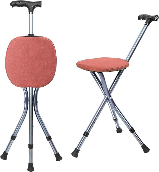 Portable Adjustable Folding Walking Cane with Seat and Cushion，Cane seat for Seniors with Magnetic Massage Handle, Lightweight Walking Cane with LED Light，Supports up to 330 Pounds