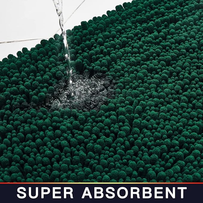 Walensee Bathroom Rug Non Slip Bath Mat (24x17 Inch Hunter Green) Water Absorbent Super Soft Shaggy Chenille Machine Washable Dry Extra Thick Perfect Absorbant Best Small Plush Carpet For Shower Floor