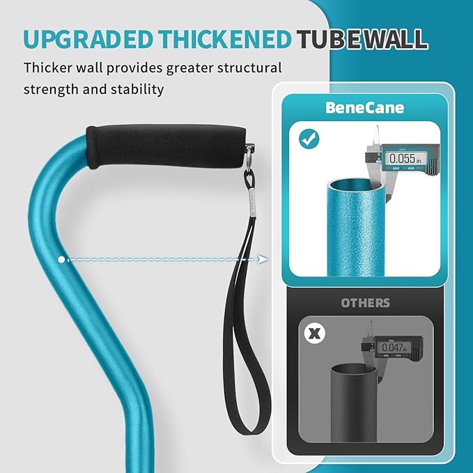 BeneCane Quad Cane Adjustable Walking Cane with Offset Soft Cushioned Handle for Men & Women Lightweight Comfortable with 4-Pronged feet for Extra Stability