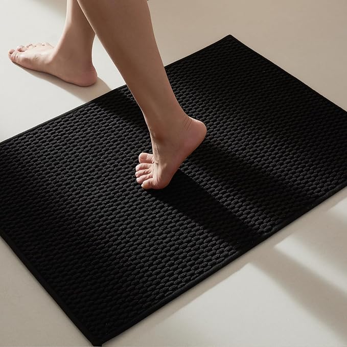 Black Bathroom Rugs Non Slip Washable, Super Absorbent Thin Bath Mat Quick Dry Low Pile Bathroom Rug, Black 24''x36''