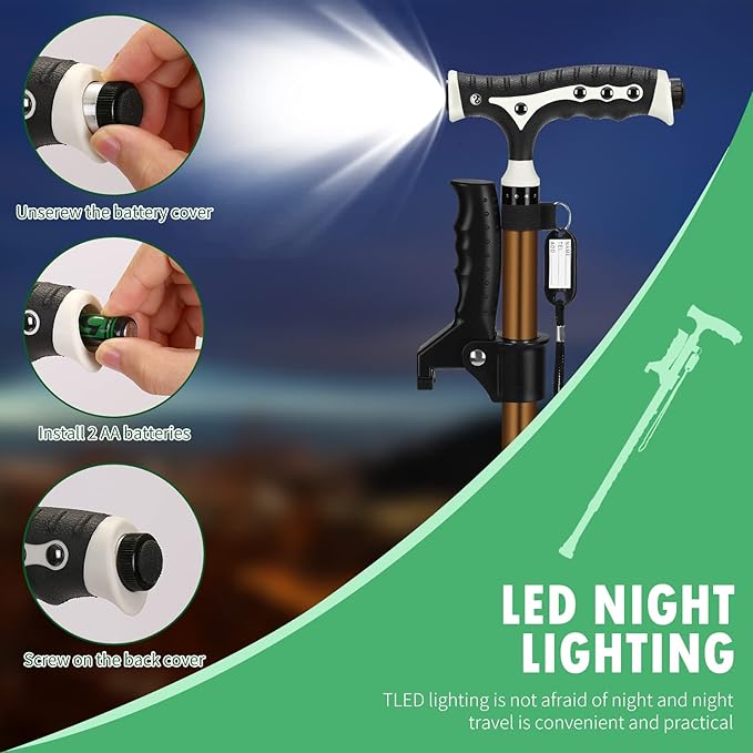 Hold 440 Lbs Walking Cane for Men & Women Aluminum Alloy Lightweight Height Adjustable Walking Stick Heavy Duty Foldbale Free Standing Cane with LED for Seniors Adults