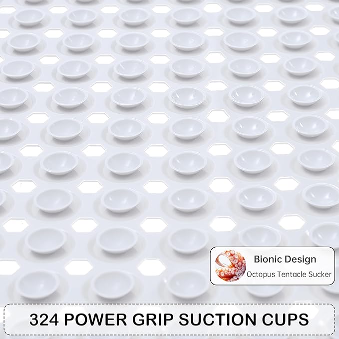 Linoows Non-Slip Bathtub and Shower Mats, Power Grip Bath Mat 35 x 16.3 Inch with Suction Cups and Drain Holes for Tub Bathroom Floor Safety, Machine Washable Soft Bathmat, White