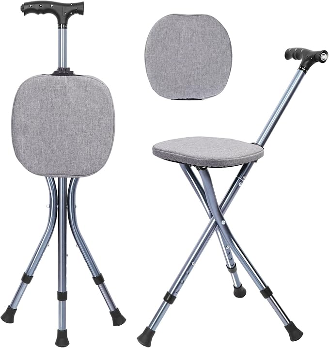 Folding Walking Cane with Seat, Walking Stick with Seat Lightweight for Seniors, Cane Chair with Magnetic Massage Handle & Seat Cover, Height Adjustment, Supports up to 330 Pounds
