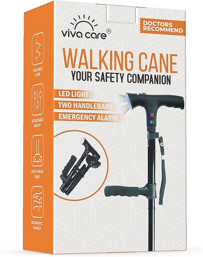 VIVA CARE Walking Cane with Light & Alarm - Foldable, Adjustable, Lightweight, for Balance & Stability for Adults, Seniors, and Injured. [Black]