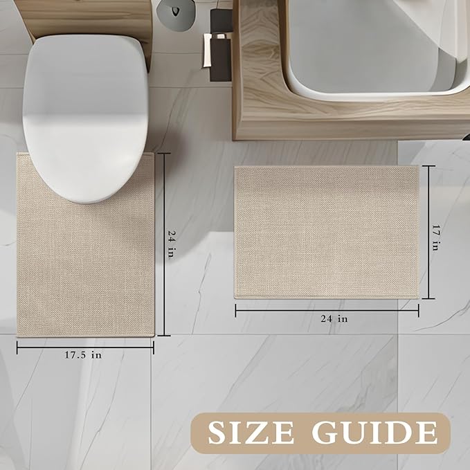 YIHOUSE Beige Bathroom Rug Sets 2 Piece, Bathroom Mat Quick Dry, Thin Bath Rug Set,Absorbent Bath Mat for Bathroom Non Slip Washable for Toilet and Floor(17.5"x24"U+17"x24")