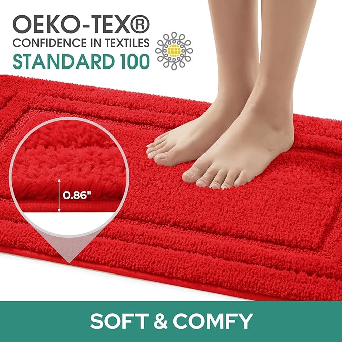 HOMEIDEAS Bathroom Rugs Sets 2 Piece, Super Soft and Absorbent Non Slip Microfiber Machine Washable Bath Mat Set (20"x32"+U20 x24, Red)