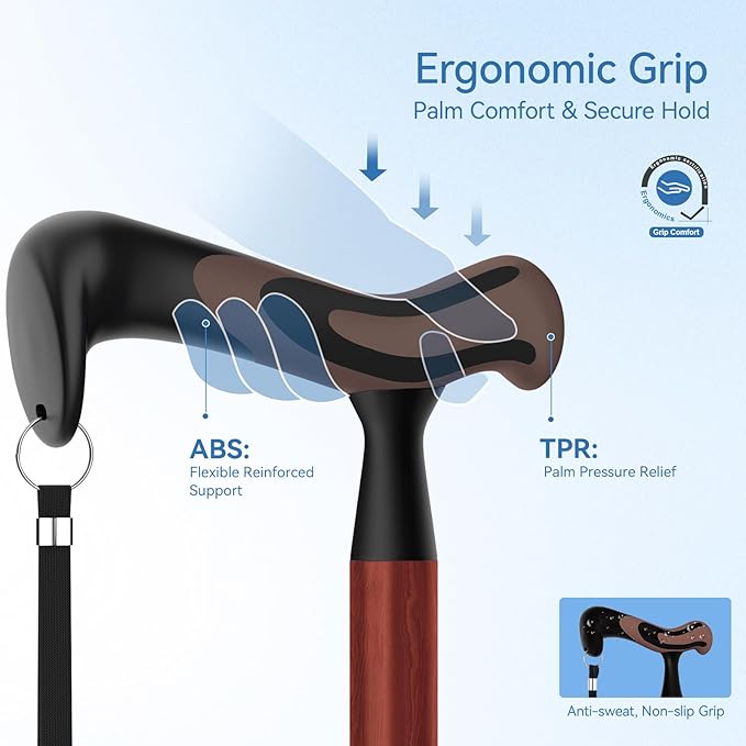 KingPavonini Walking Cane for Women/Men with Second Handle, Foldable & Adjustable Quad Cane with 4-Pronged Base for Standing, Lightweight Walking Aid for Seniors & Adults