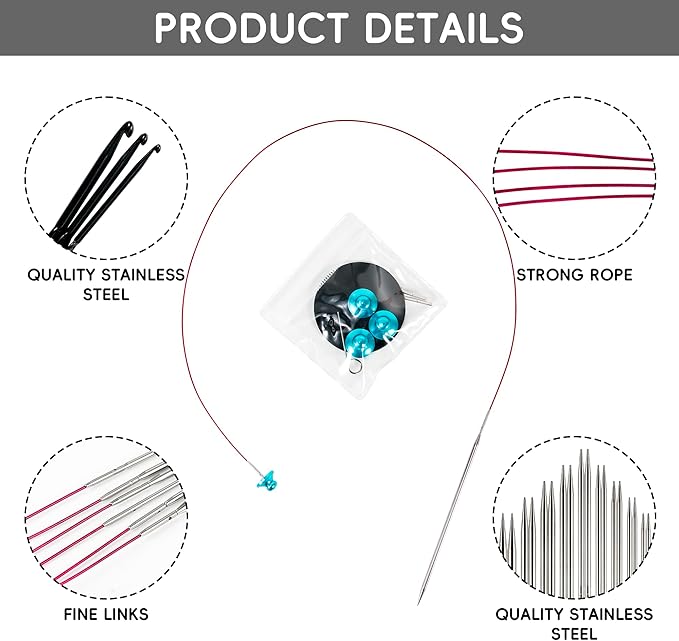 Froggod 5-Inch Aluminum Lace Interchangeable Circular Knitting Needle Set, Sizes US 0, 1, 2, 3, 4, 5, 6, 7, 8 Interchangeable Knitting Needles Lace-Tip with 4 Assorted Cables with Project Bag