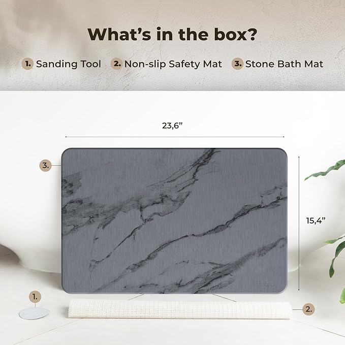 Stone Bath Mat, Diatomaceous Earth Non-Slip Stone Shower Mat - Quick Drying Absorbent Bath Mats for Bathroom - Elegant & Modern Design, Easy to Clean (23.5 x 15) - Graphite
