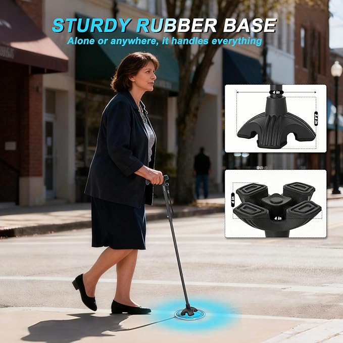 Walking Cane for Men and Women, Extended Handle; Solid Base; Foldable; Adjustable Heights; Lightweight; Heavy-Duty Canes for Seniors (Black)