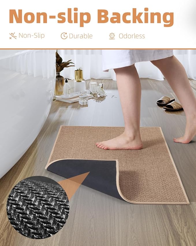 PADOOR Non-Slip Bath-Mats for Bathroom, Rubber-Backing Braided Absorbent Bathroom Mat Machine Washable Thin Bathroom Rugs Fit Under Door Quick Dry Bath Rugs for Floor, 17''x30'' Beige