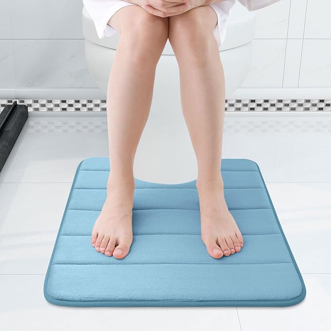 Buganda Memory Foam U-Shaped Contour Toilet Rugs, Non Slip Absorbent, Thick Soft Washable Bathroom Mat, Floor Carpet Bath Rugs Mat for Toilet Base (24" x 20", Blue)