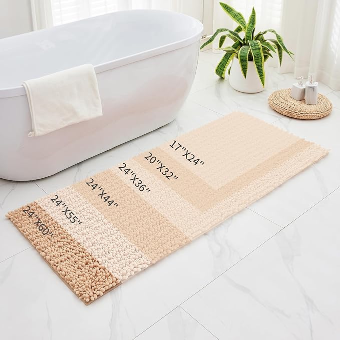 Non Slip Bathroom Rug Machine Washable Thick Beige Bath Mat 24x44 Soft Absorbent Bathroom Floor Mat Chenille Bath Rug for Shower Tub
