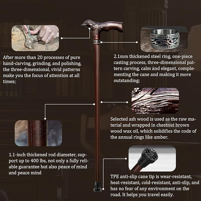 Hand Carved Wooden Walking Cane USA Made Eagle Carved Ergonomic Elegant Wood Canes for Men and Women Support up to 400 lbs Provide Stable Canes for Seniors for Daily Use and Gift Giving