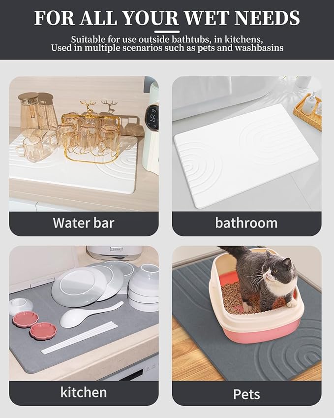 Stone Bath Mat 24"x16" - Diatomaceous Earth Shower Mat, Quick Dry, Anti-Slip, Modern Design with Bonus Non-Slip Pad - Perfect for Home Safety and Style,White,Straight