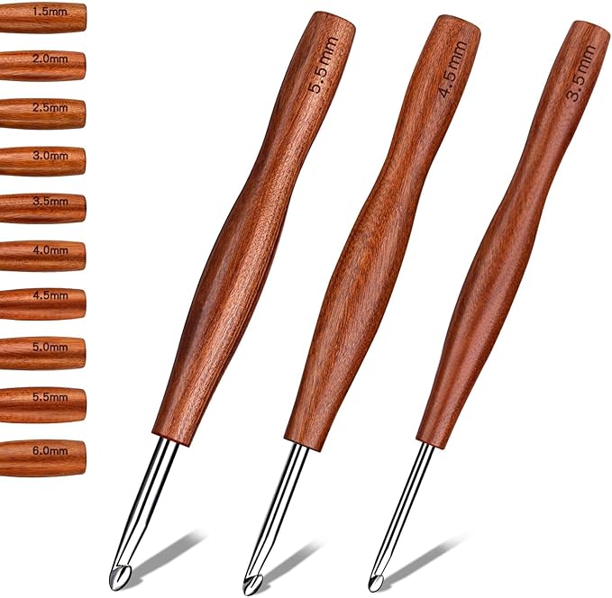 Nitlak 3 Pcs Crochet Hook, 3 Size Aluminum Ergonomic Crochet Hook with Wooden Handle for Arthritic Hands, Beginners, Crochet Needles for Knitting (3.5mm/4.5mm/5.5mm)