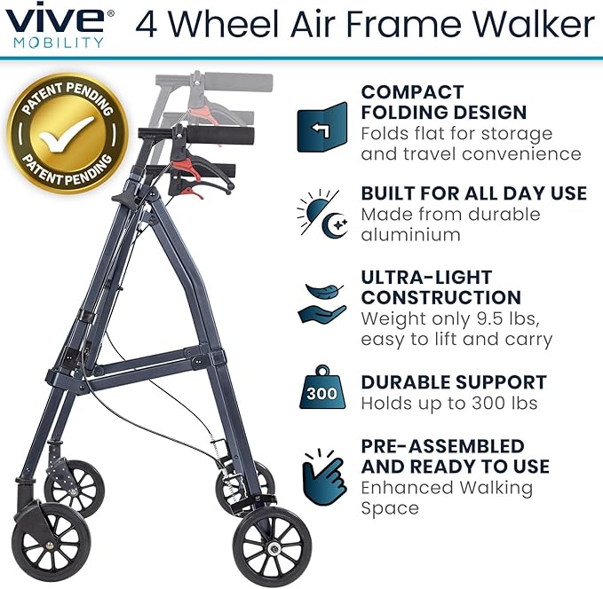 Vive Mobility Lightweight Walker for Seniors - Narrow, Folding Walker w/Wheels for Small & Tight Spaces - Light Weight for Balance, Compact Doorways, Foldable - Portable & Collapsible for Travel