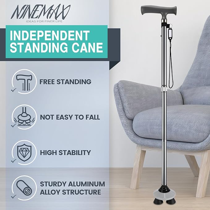 NINEMAX Walking Cane for Men Women Seniors, Foldable Collapsible Adjustable Free Standing T Handle Walking Stick, Lightweight Sturdy Folding Cane Portable for Stable and Balance