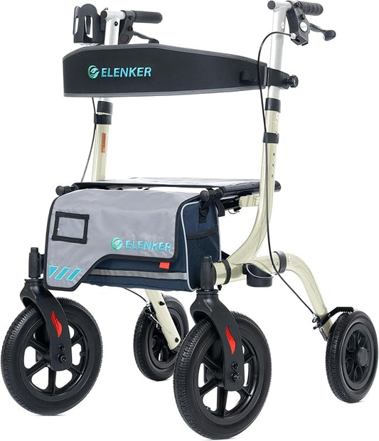 ELENKER All-Terrain Rollator Walker with Seat, Outdoor Rolling Walker, 12” Non-Pneumatic Tire Front Wheels, Compact Folding Design for Seniors, Champagne