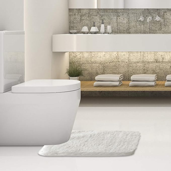 Suchtale Bathroom Contour Rug Non Slip Bath Mat Water Absorbent Soft Microfiber Shaggy Bathroom Mat Machine Washable Bath Rug for Bathroom Thick Plush U Shape Toilet Rug (20 x 24, White)