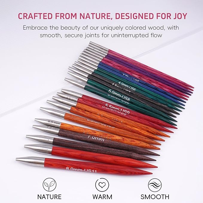 Weabetfu Interchangeable Circular Knitting Needle Set,Birch Wood Interchangeable Knitting Needles with Cable 12 Pairs 3mm-10mm Replacements Round Knitting Needle