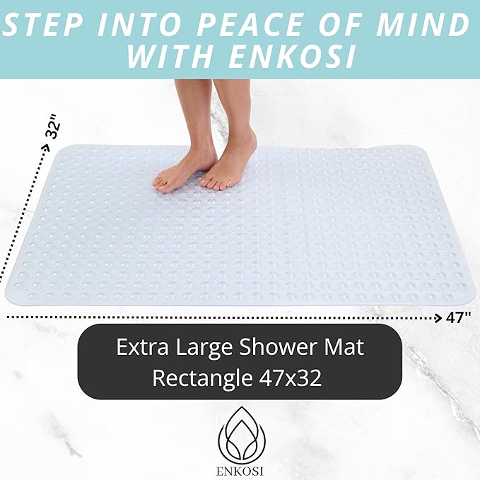 ENKOSI Extra Large Shower Mat Non Slip - 47 x 32 inch - XL Bathroom Shower Mat - Large Shower Matts for Shower Stall Floors - Secure Suction Cups and Drain Holes (47x32 Clear)