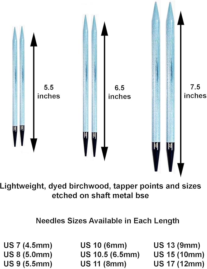 Lykke Indigo 5.5, 6.5 & 7.5 Inch Long Interchangeable Knitting Needles Birch Wood US Sizes US Sizes 7, 8, 9, 10, 10.5, 11, 13, 15, 17 with 5 Cords, connectors, Keys, Azure Denim Case, Project Bag