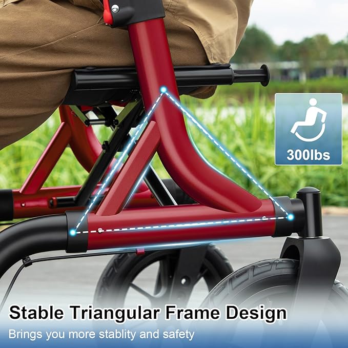 Walkers for Seniors, Rollator Walker with Seat, 12" Big Rubber Wheels All Terrain Rollator Walker with Backrest, Built-in Cable, Cup Holder, Foldable and Height Adjustment for Seniors, Red