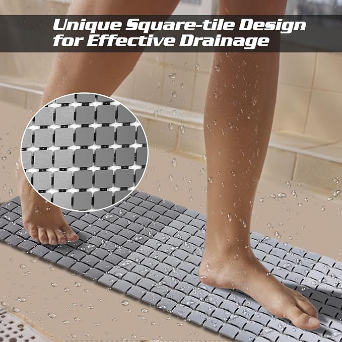 Extra Long Shower Stall Mat Non Slip Bathtub Bath Mats with Suction Cups and Drain Holes- 34 X 15.4 Inch (Gradient Gray)