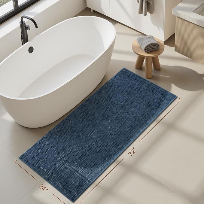 AMOAMI Bath Mat Non Slip Super Absorbent Quick Dry Bath Mats for Bathroom Floor Rubber Backing Washable Bathroom Rugs Modern Woven Jacquard Mat, Beside Tub Bath Rugs, 2' x 6', Blue