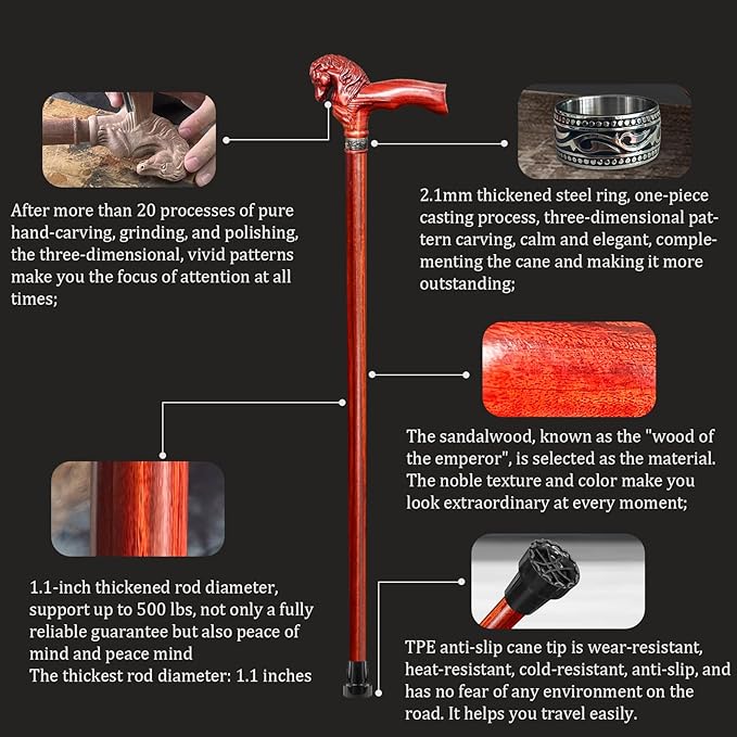 Wood Walking Cane, Elegant Hand-Carved Horse Head Wooden Walking Cane for Men and Women, Handmade Stylish Canes for Seniors, Light Stable High-end Canes Suitable for Gift Giving