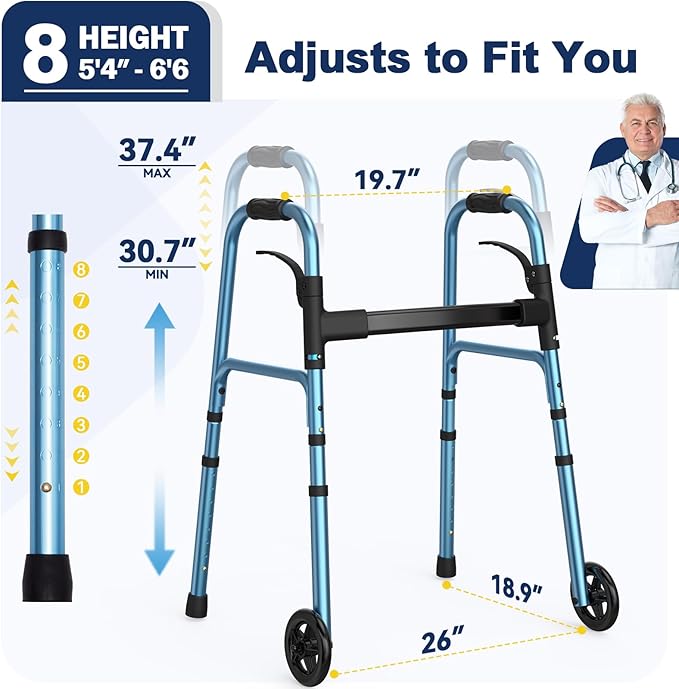 Walkers for Seniors with Basket and Glide Skis, 5" Wheels Lightweight Folding Walker, Support Up to 350 lbs, Height Adjustable Standard Compact Rolling Walker, Blue