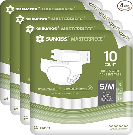 SUNKISS Masterpiece Adult Diapers with Tabs, Unisex Disposable Incontinence Briefs for Women and Men, Odor Control, White, Small/Medium, Previously M, 40 Count (4 Packs of 10)