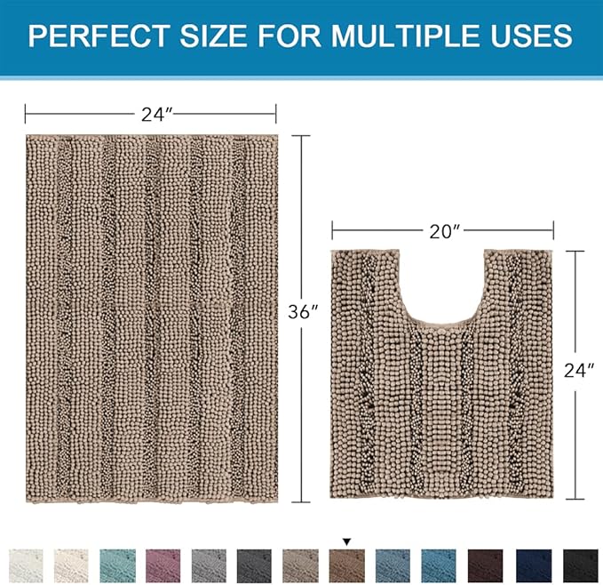 H.VERSAILTEX Bathroom Rugs Bath Rug Set 2 Piece Bathroom Contour Rug Toilet Mat Sets Non Slip Contour Bath Rug Ultra Thick Water Absorbent Striped Bath Mats(36" x 24" Plus 20" x 24" U, Taupe Brown)