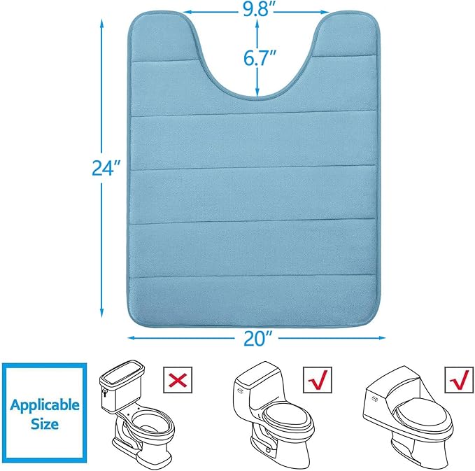 Buganda Memory Foam U-Shaped Contour Toilet Rugs, Non Slip Absorbent, Thick Soft Washable Bathroom Mat, Floor Carpet Bath Rugs Mat for Toilet Base (24" x 20", Blue)