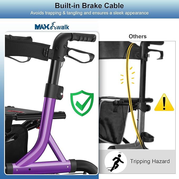 Walkers for Seniors, Rollator Walker with Seat, 12" Big Rubber Wheels All Terrain Rollator Walker with Backrest, Built-in Cable, Cup Holder, Foldable and Height Adjustment for Seniors, Purple