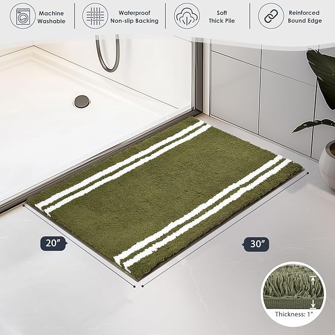 PURRUGS Bathroom Rug Non-Slip Machine Washable 20" x 30", Super Absorbent and Quick Dry Shaggy Microfiber Bath Mat, Extra Soft and Plush Bath Rug for Bathtub, Shower and Sink, Olive Green