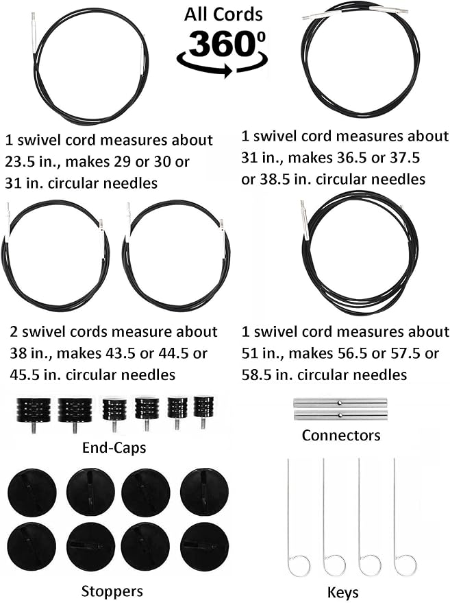 Lykke Driftwood 5.5, 6.5 & 7.5 Inch Long Interchangeable Knitting Needles Birch Wood US Sizes US Sizes 7, 8, 9, 10, 10.5, 11, 13, 15, 17 with 5 Cords, connectors, Keys, Grey Denim Case, Project Bag